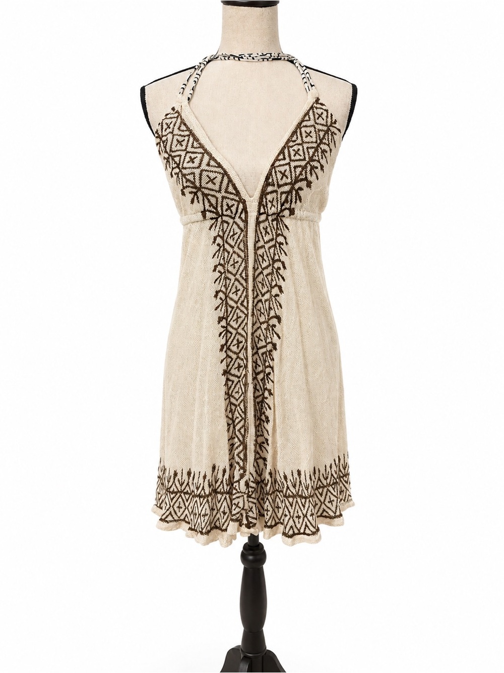 ANISA Spain One Size Cream Brown Embroidered Halter Mini Dress Boho